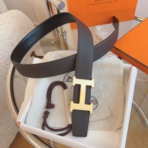 3.8 cm Hermes Men's Reversible Belt in Gray/Black Leather with Gold H Buckle